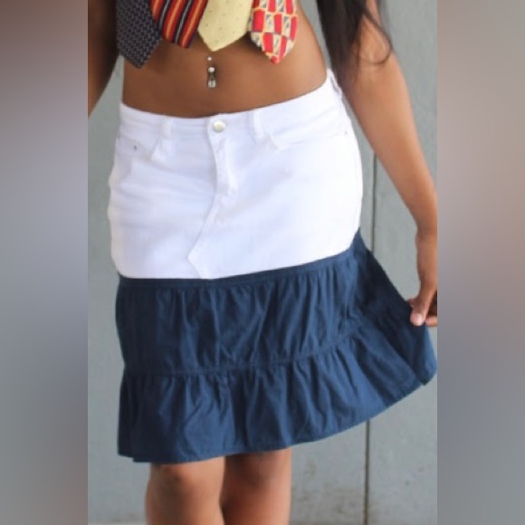 Upcycled White Denim Mini Skirt with Pleated Ruffle - Size Medium - Picture 1 of 5